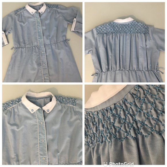 Vintage Polly Flinders Hand Smocked Button Front Blue Dress Girls 12 (Women's L) - Picture 3 of 15